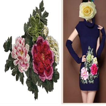 

1Pcs 3d Peony Flower Embroidery Fabric Large Patch Clothes Accessory African Lace Sewing Clothing Applique Material Patches Diy