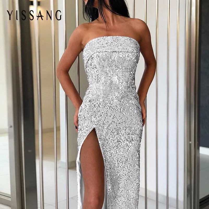 

Off Shoulder Women Sexy Dress Vestidos De Fiesta Sleeveless Sequin Bodycon Party Dress Split St Women Dress