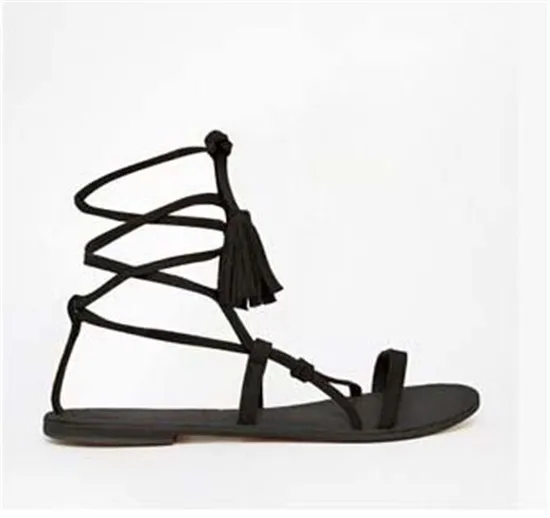 Fashion Brown Black Suede Ankle Tie Flat Sandals Lace Up Fringe Gladiator Sandals Women Boots Shoes Woman Botas Sandalias Mujer