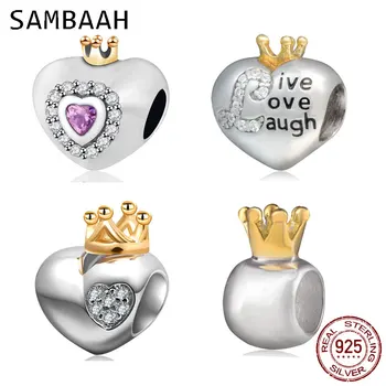 

Sambaah Gold Plated Crown Love Charms 925 Sterling Silver My Princess Heart Beads for Original Pandora Valentine's Day Bracelet
