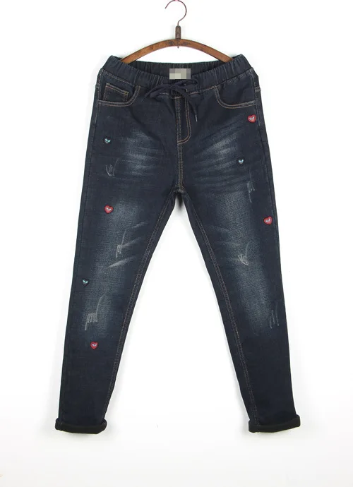

Embroidery Love Elastic Waist Belt Slim Was Thin Elastic Plus Velvet Denim Small Feet Pants Female Winter