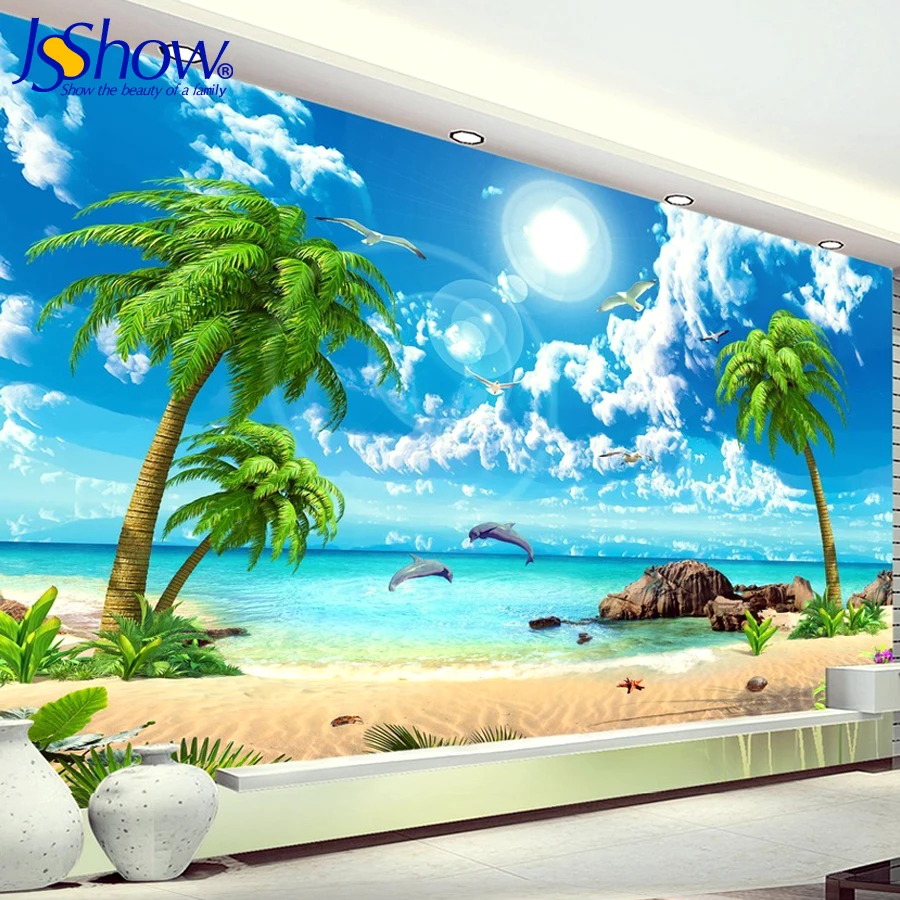 JSSHOW custom scenery dolphin coconut ocean beach blue sky 3d wallpaper wallpapers for living room photo wall mural | Обустройство