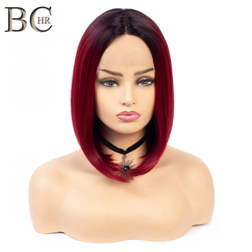 

BCHR Short Bob Synthetic 13*4 Lace Front Wig for Women Ombre Black Wine Red Wig Free Shipping