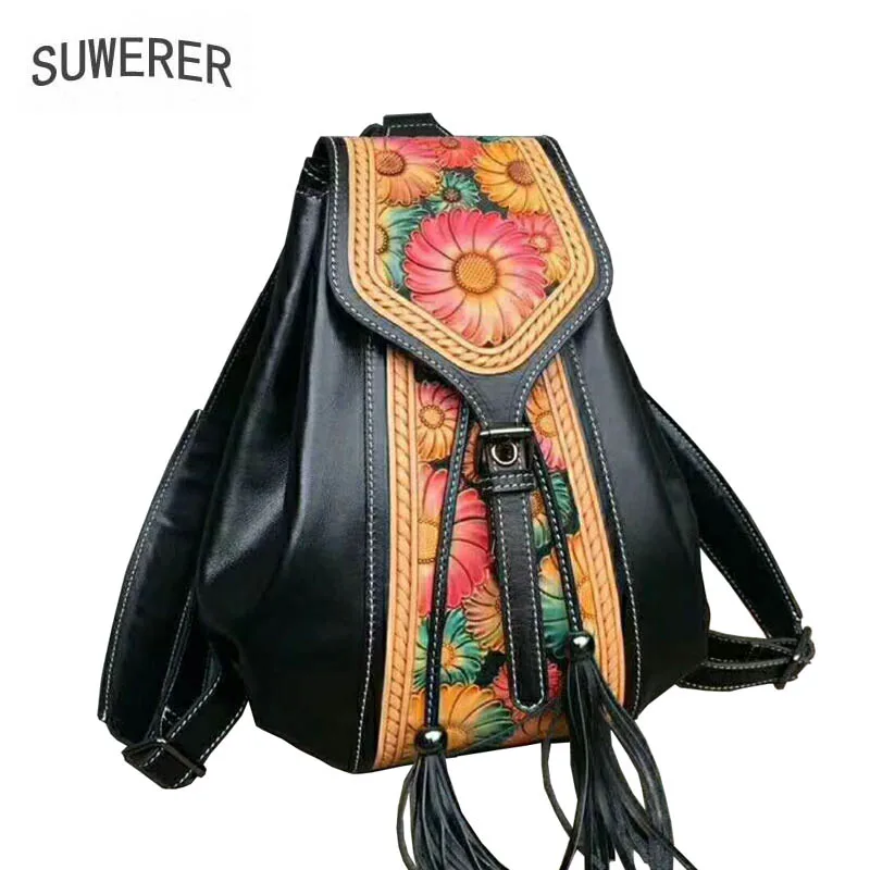 

2019 new wild top layer cowhide carving handmade vintage ethnic leather bag