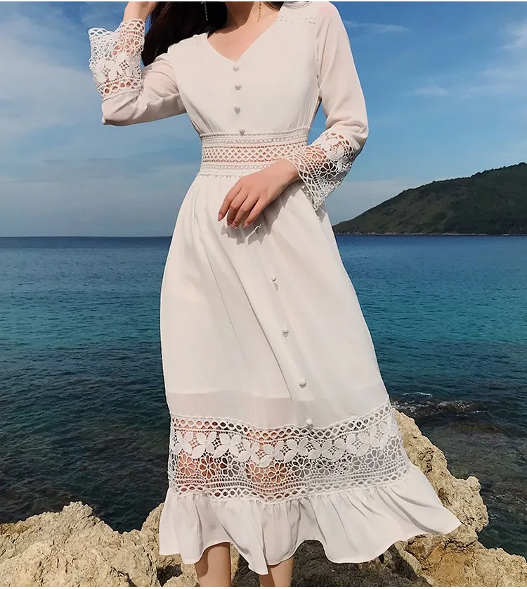 

2019 Summer Women V-neck Long Maxi Dress Holiday Beach Dress Boho Style Hollow out Party Dress