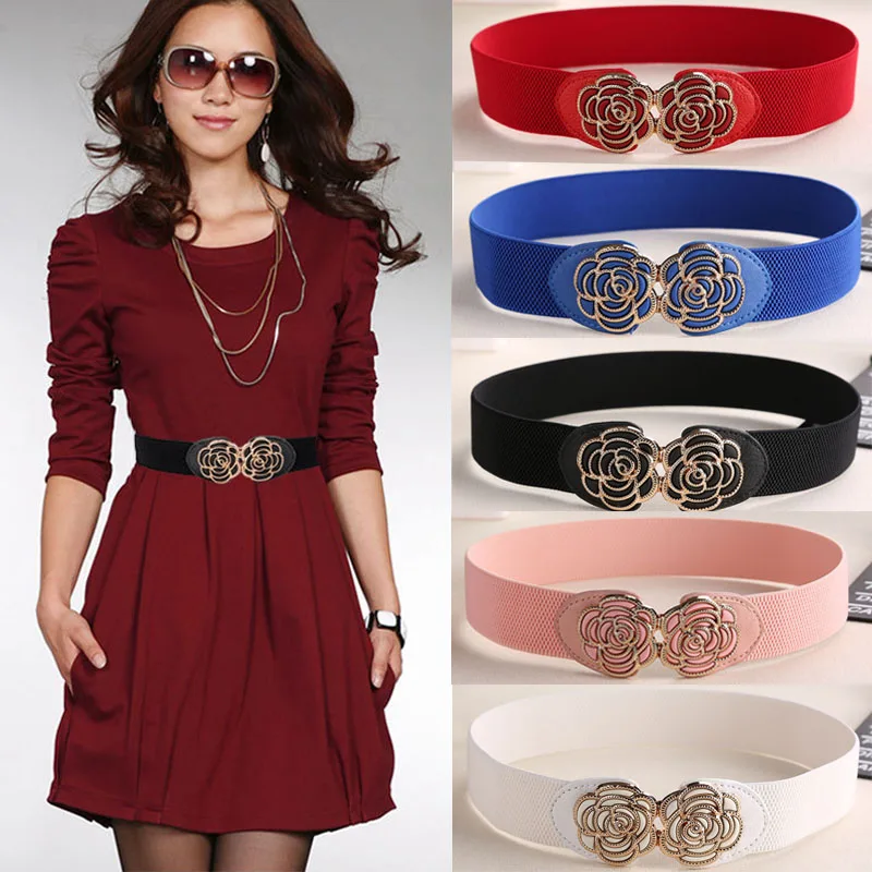 Hot Women Wide Waist Belt Vintage Metal Flower Elastic Stretch Buckle Waistband Cummerbunds black waist belt