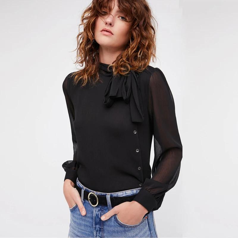 HDY Haoduoyi Solid Black Mesh Semi-Sheer Sexy Women Shirts O-neck Full Sleeve Button Bowknot Belt Lady Tops Casual Female Blouse - Цвет: Black