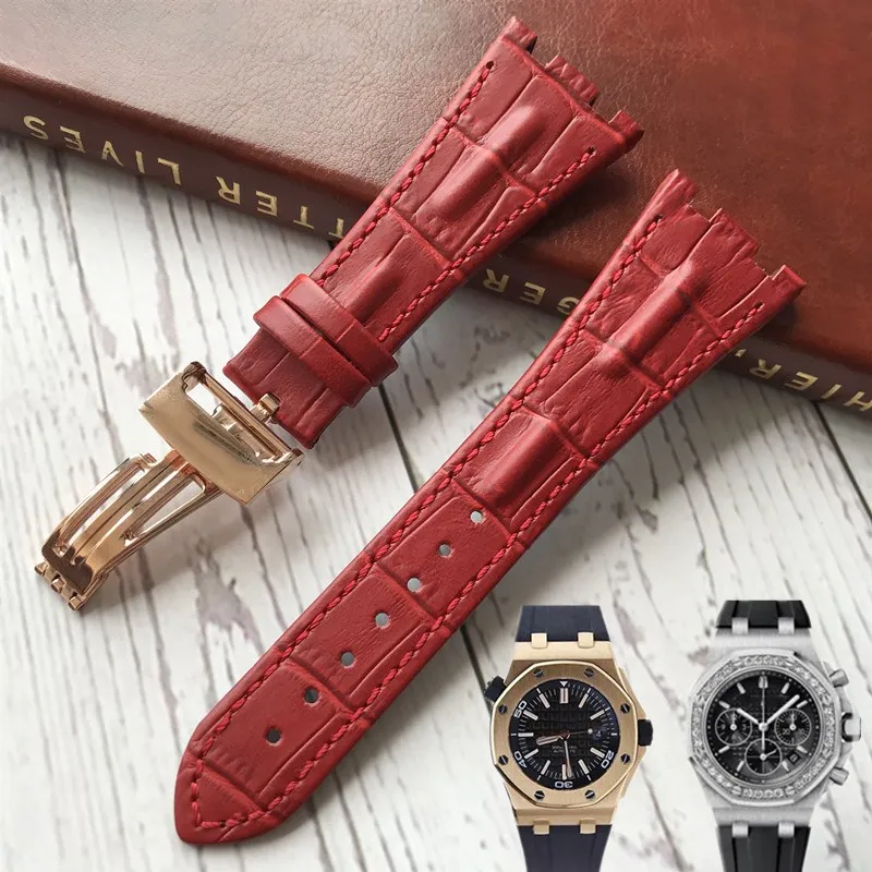

For AP straps 28mmx18mm red gray 100% Genuine Leather Handmade Watch Band Strap with steel deployment clasp Watch band