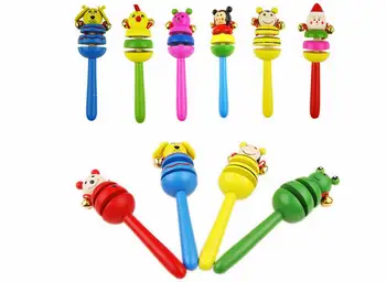 

Baby Cute Colorful Cartoon Animal Vertical Wooden Rattle Montessori Toys Musical Handle Shaking Handbell Toys Rattle Sound Toy