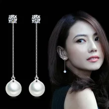 Fashion Double Wear Style Silver plated Drop Earring Long Tassel 8mm Pearl Earrings Luxury Crystal Earring For Women jewelry