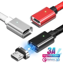 Магнитный Micro USB кабель 3A Быстрая зарядка для iPhone Android type-C зарядное устройство шнур Магнитный телефон передачи данных магнитные кабели