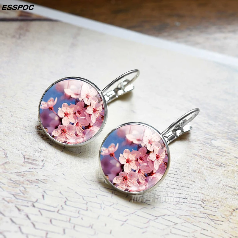 Серьги кольца Sakura с цветами стеклянные серьги кабошоном покрытые крючком