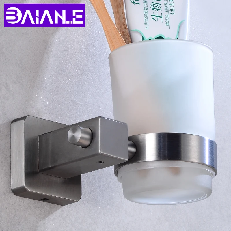 Stainless Steel Cup Tumbler Holders Glass Cup Wall Mounted Toothbrush Tooth Cup Holders Set Storage Shelf Bathroom Accessories