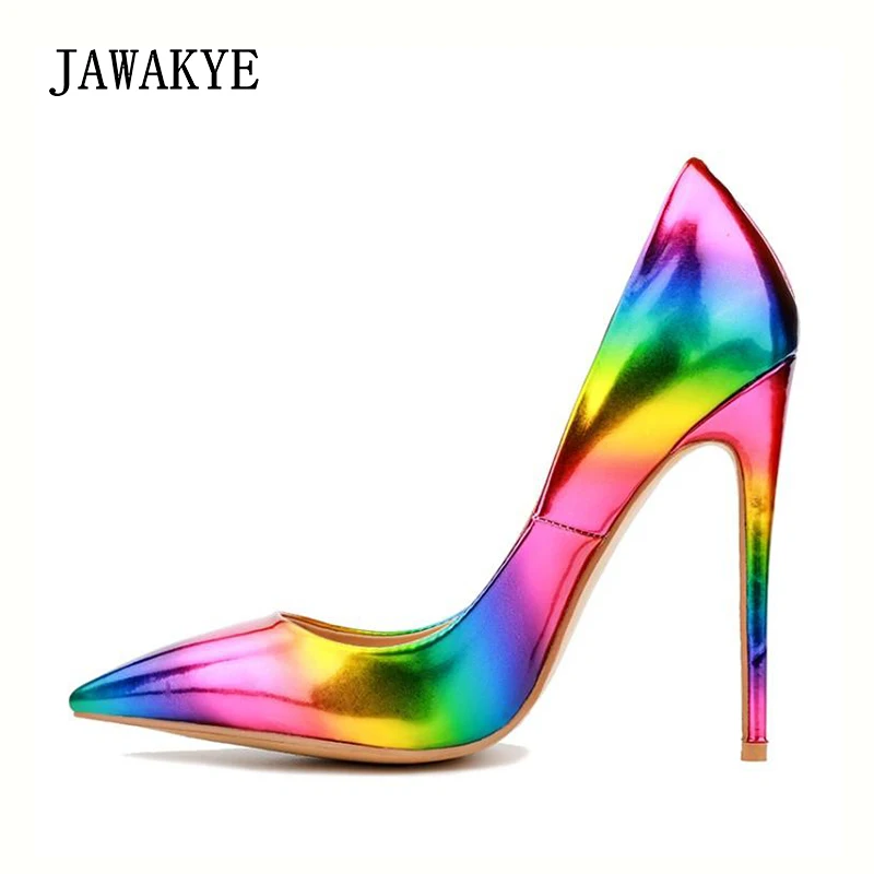 

JAWAKYE Rainbow high heels Women pumps Pointed toe Stiletto Party shoes ladies Gradient high heeled Shoes bright Wedding Shoes