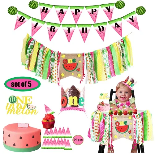 5 шт. в партии арбуз 1-й День рождения украшение счастливый плакат "с днем рождения" корона шляпа с одним в дыни торт Топпер для маленьких мальчиков и девочек - Color: 5pcs banner kit