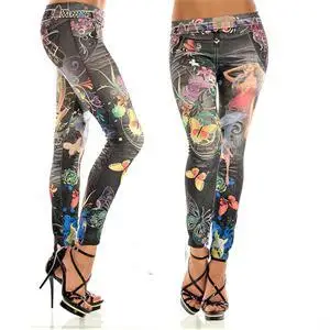 

Spring Autumn Ankle Length Leggings Women Brand Mid Waist Black Blue Printed Leggings Faux Jean Pencil Leggings Drop Ship