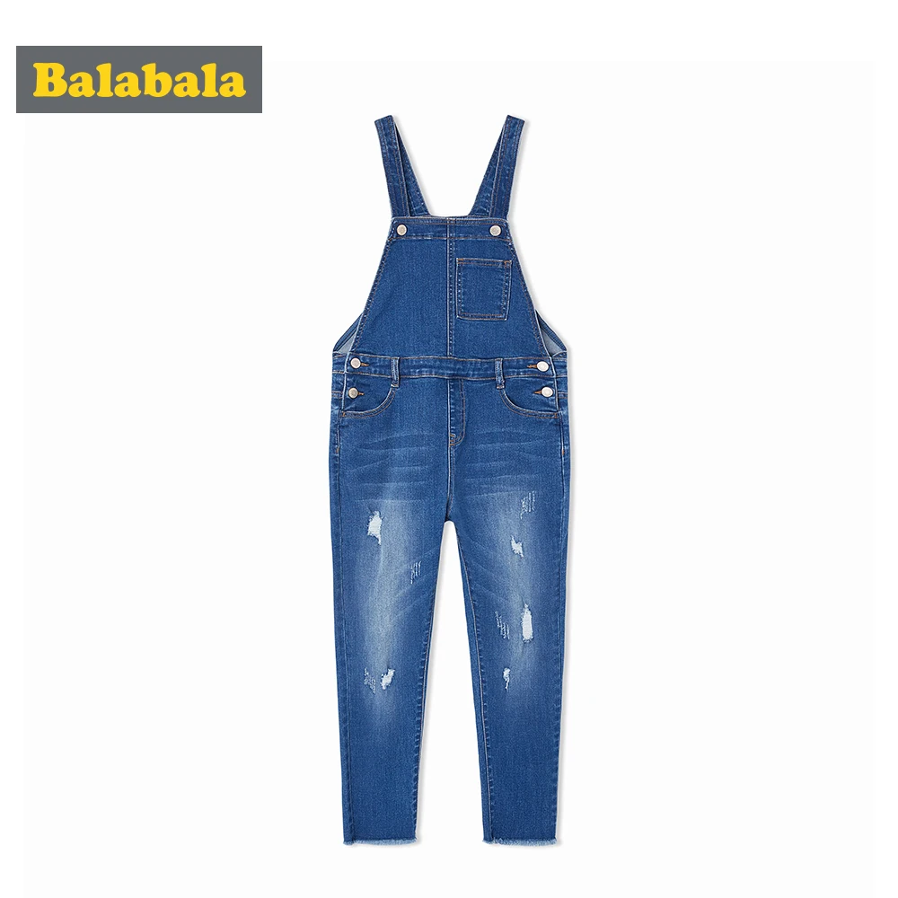 

Balabala Girls Denim Bib Overalls with Destruction Teenage Girls Denim Overalls with Raw-edge Hem Buttons at Sides for Autumn