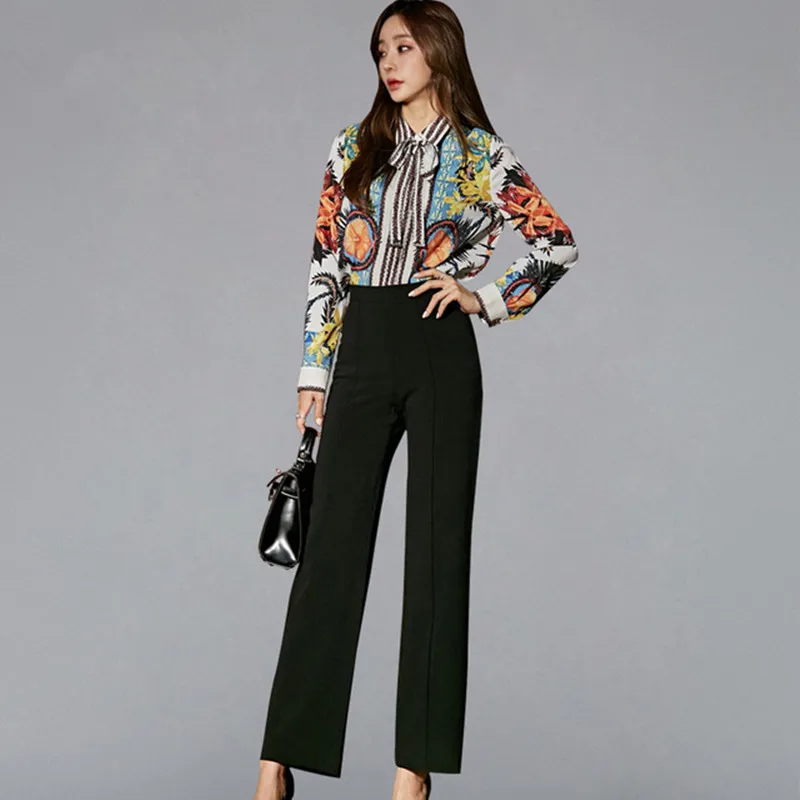 

HIGH QUALITY Women 2019 Spring 2 Pieces Suits Wear To Work Set Bow Neck Print Shirt Top + Work High Waits lack Long Pants