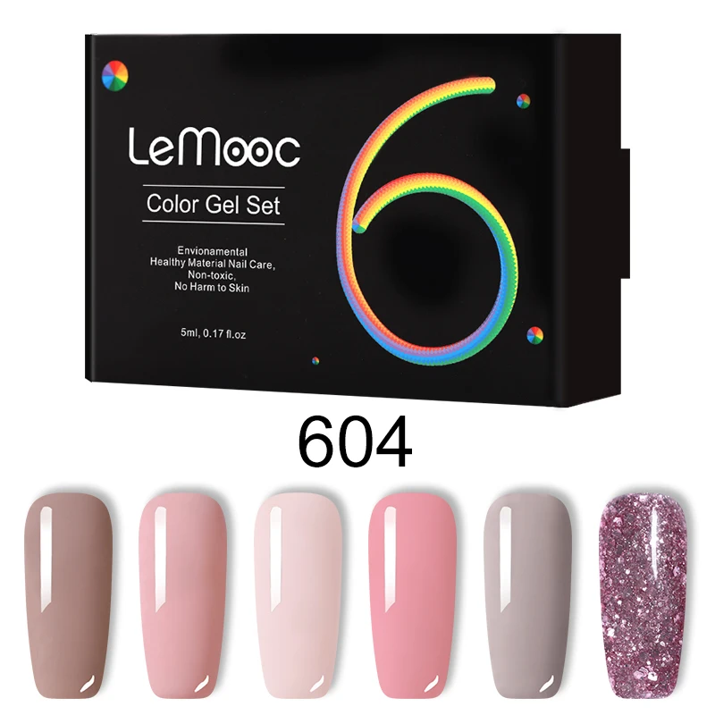 LEMOOC 5 мл 6 шт./лот Однотонная одежда Soak Off Gel Nail Polish сияющий блеск пайетки pure Nude цветной дизайн ногтей гель Лаки - Цвет: LM-604