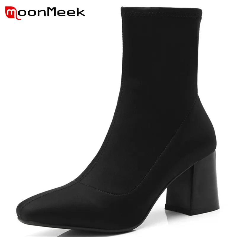 

MoonMeek new arrive 2020 elegant woman boots high heel classic square toe ankle boots popular autumn winter stretch fabric boots