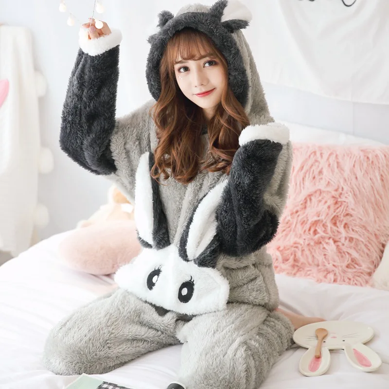 

2019 Winter Long Sleeve Hooded Thick Warm Flannel Pajama Set for Women Coral Velvet Cute Cartoon Sleepwear Homewear Home Clothes