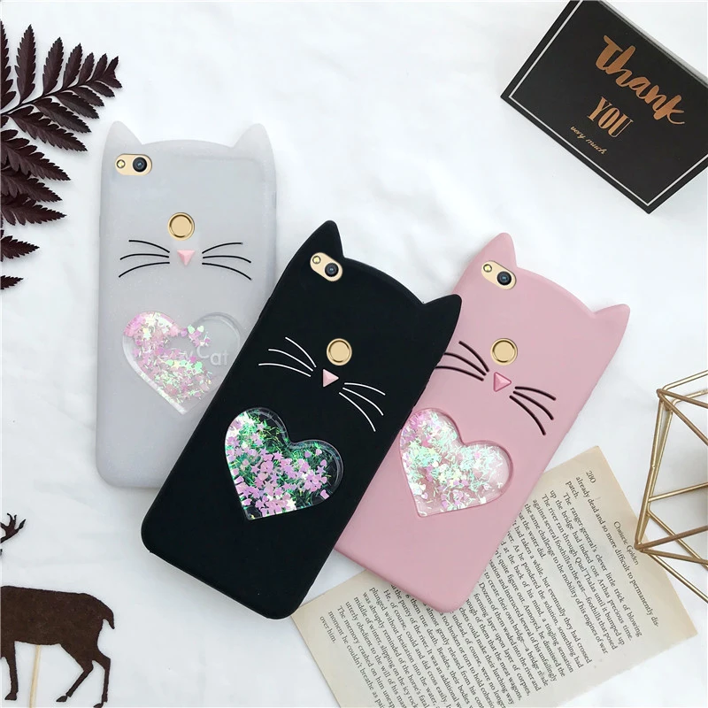 

Love Heart Glitter Stars Luck Cat Case For Huawei Honor 8 lite Liquid Quicksand Cover For Huawei Honor 8 lite phone cases