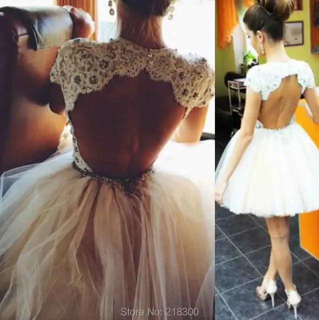 Buy Backless White Short Prom Dresses Cap Sleeves
