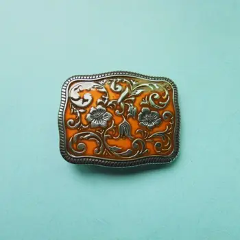 

DIY Leathercraft Karaqusa Pattern With Orange Enamal Graceful Women Belt Buckle # JH-3799-40