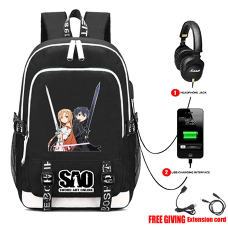 SAO SWORO ART ONLINE рюкзак сумка с USB модным портом/интерфейс наушников Студенческая