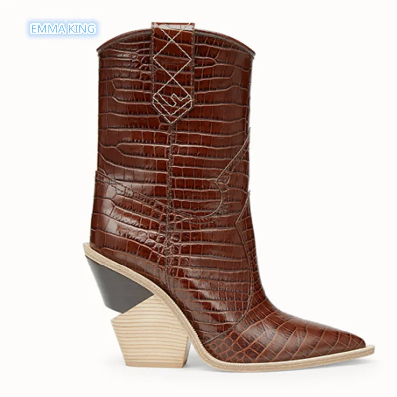 

Brown Leather High Heels Fashion Women Boots Shaped Heels Pointed Toe Short Boots Mid-calf Runaway Botines Mujer Ladies Shoes