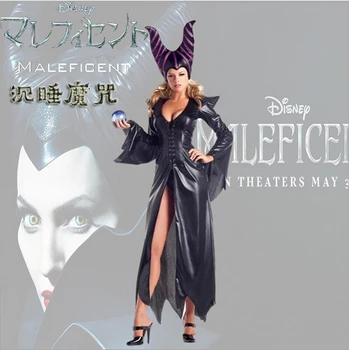 

free shipping New Anime Halloween Costume Maleficent Cosplay Costume Balck leather Dress Women Costume with head wear