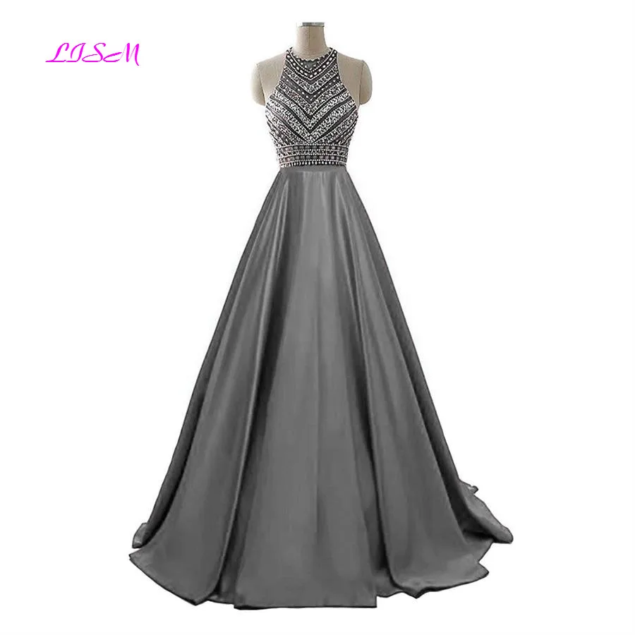 Royal Blue Crystals Prom Dresses 2022 A-Line Sleeveless Party Dress with Pockets O-Neck Beaded Satin Long Formal Evening Gowns rose gold prom dress