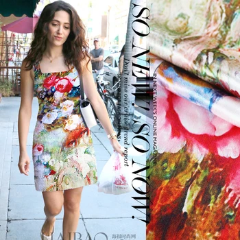 

Abstract faint dyed oil painting rose flower weight 27 mm inkjet silk cotton satin fabric dress skirt cloth wholesale