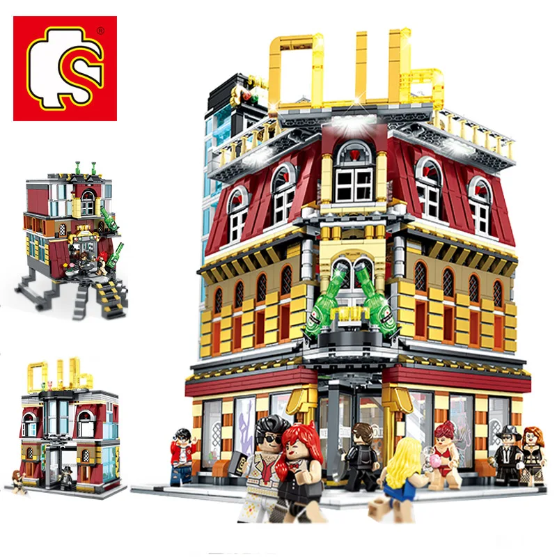 

SEMBO City StreetView 5in1 Nightclub Bar 2488pcs MOC Resort Hote Building Blocks Bricks Streetscape With LED Light