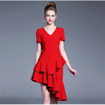 

Red L-5XL plus size sexy dress women 2019 summer new European and American solid color short-sleeved fashion dress vestido JD216