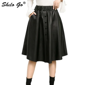 

Plus Size Leather Skirts Women Summer Casual Sheepskin Genuine Leather A Line Skirts Front Single Breasted Female Knee Skirts