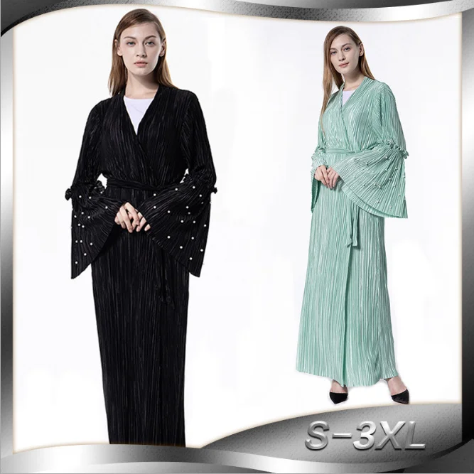Muslim Abaya Elastic Beading Pleated Robe Dress Cardigan Long Gowns Tunic Kimono Ramadan Islamic Prayer Clothing Worship Service |