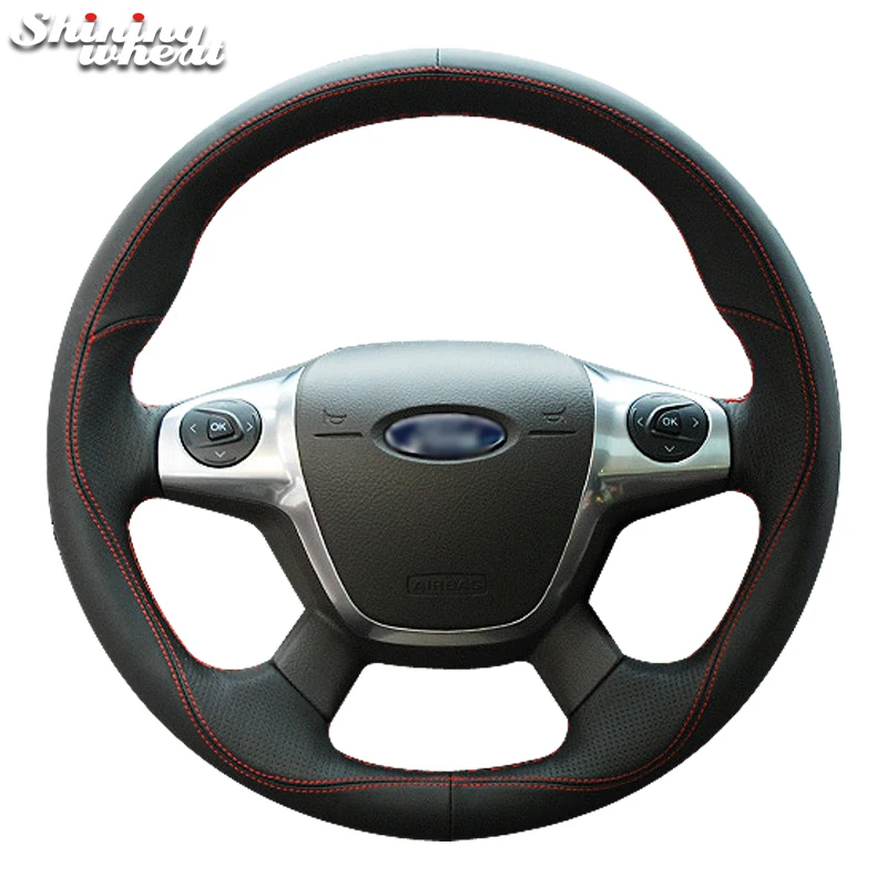 

Shining wheat Black Leather Red Thread Car Steering Wheel Cover for Ford Focus 3 2012-2014 C-MAX 2011-2014 KUGA Escape 2013-2016