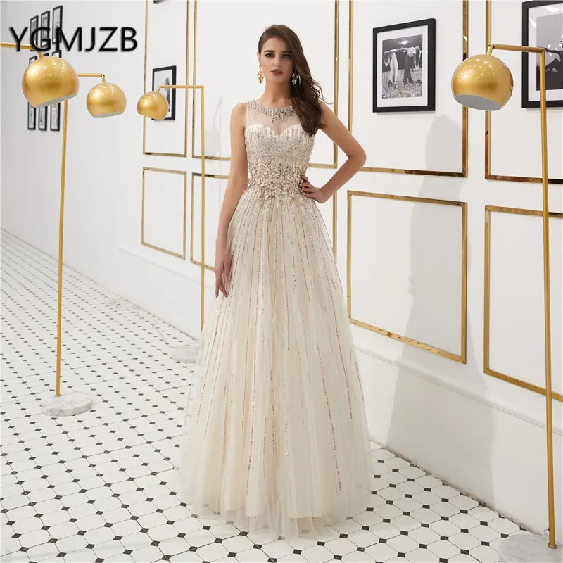 

Long Elegant Evening Dress 2019 A line Tulle Sequin Crystal Sheer Neck Floor Length Pink Party Formal Women Evening Gowns