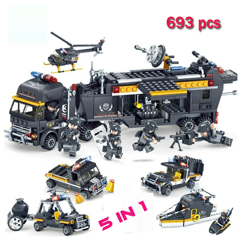 LWKO SWAT Team Command Vehicle Car Building Blocks Compatible Legoe City Police Figures Helicopter Bricks Toys For Children