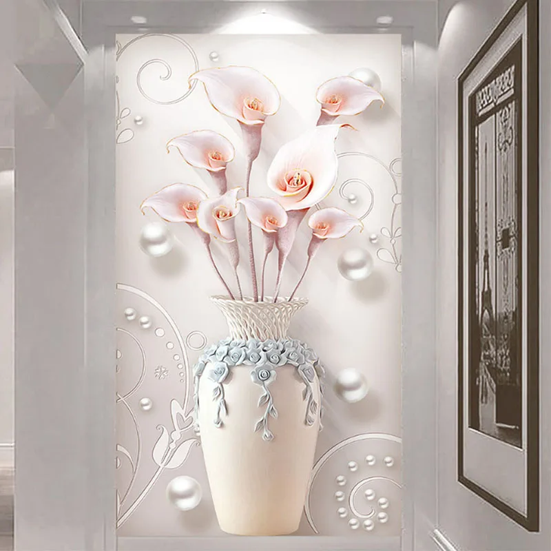 Пользовательские самоклеющиеся водонепроницаемые холст настенная бумага 3D стерео ваза цветы фото обои Гостиная вход домашний декор