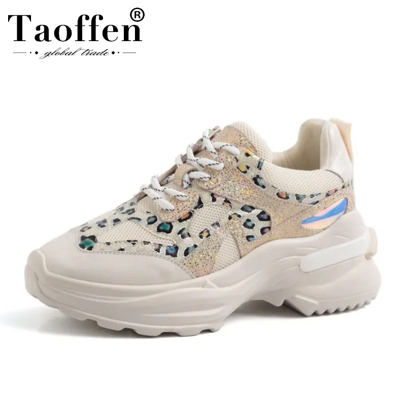 

Taoffen Women Real Leather Hot Thick Bottom Vulcanized Shoes Women Young Leopard Shoes Teen Walk Daily Sneakers Size 35-42