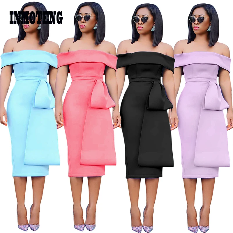 

INMOTENG Summer Sexy Off Shoulder Butterfly Sleeve High Waist Sashes Party Midi Dress Slash Neck Bodycon Front Tie Elegant Dress