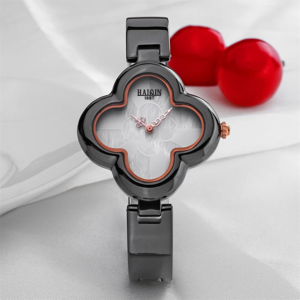 HAIQIN Quartz Women's Watches Casual Four Leaf Clover Shape Bracelet Wristwatch Luxury Noble Lady Ceramic Watch relogio feminino