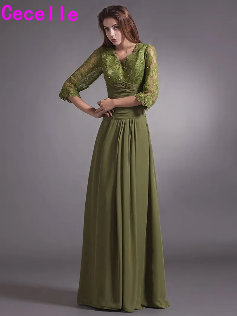 2019 Del Merletto Chiffon Verde Oliva Lungo madre della Sposa Abiti Con  Maniche 3/4 Con Scollo A V Madre Formale del Partito abiti Custom  Made|mother of bride|mother of bride dressmother of the