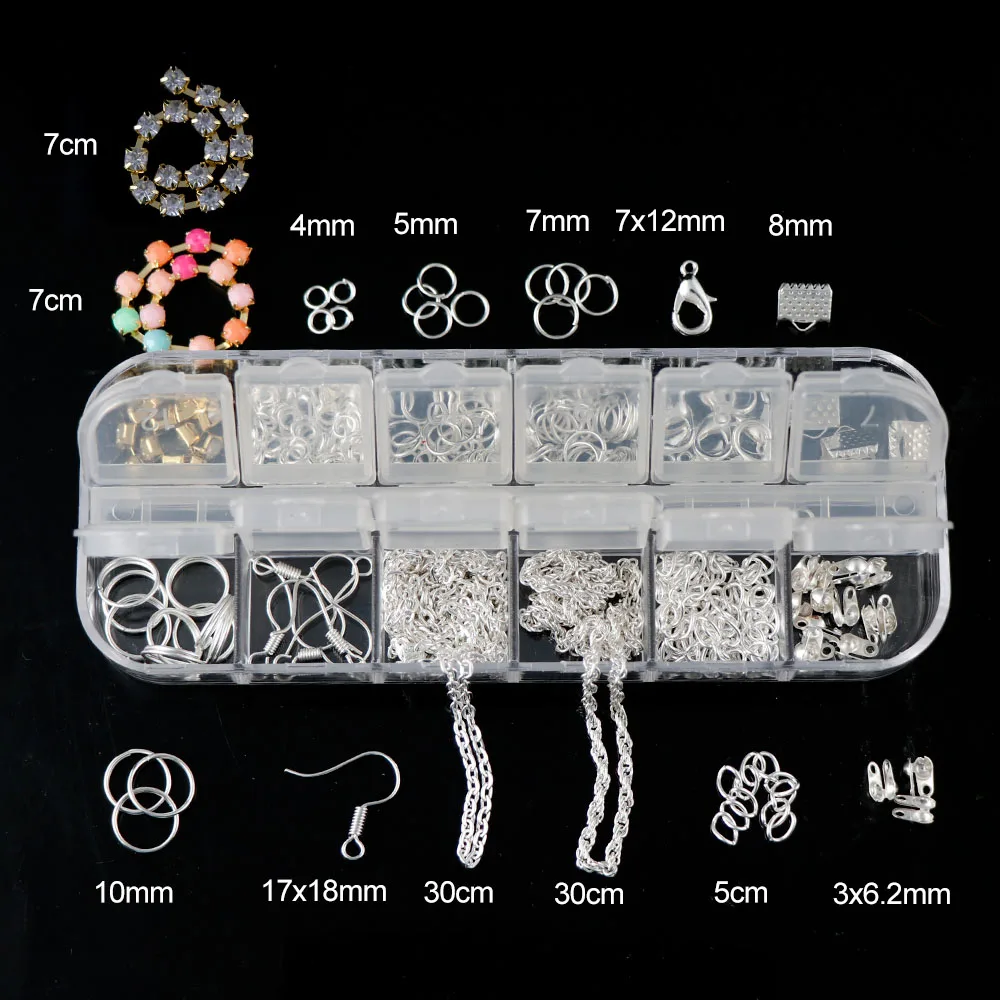 1 коробка Золотая/серебряная цепочка из страз, Ювелирное Украшение, комплект аксессуаров, Открытое кольцо-прыжок, булавки, застежка-карабин, крючки, концы, застежка