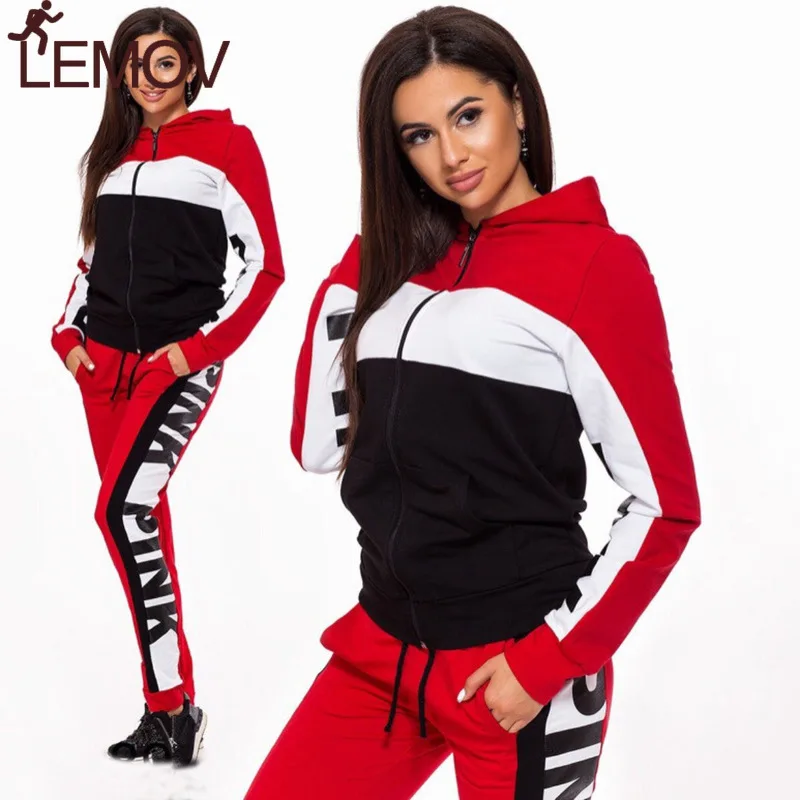 

LEMOV Color Blocking Jogging Suits for Women High Quality Cotton Polyester Hooded Running Suits with Zipper 2 Piece Fitness Set