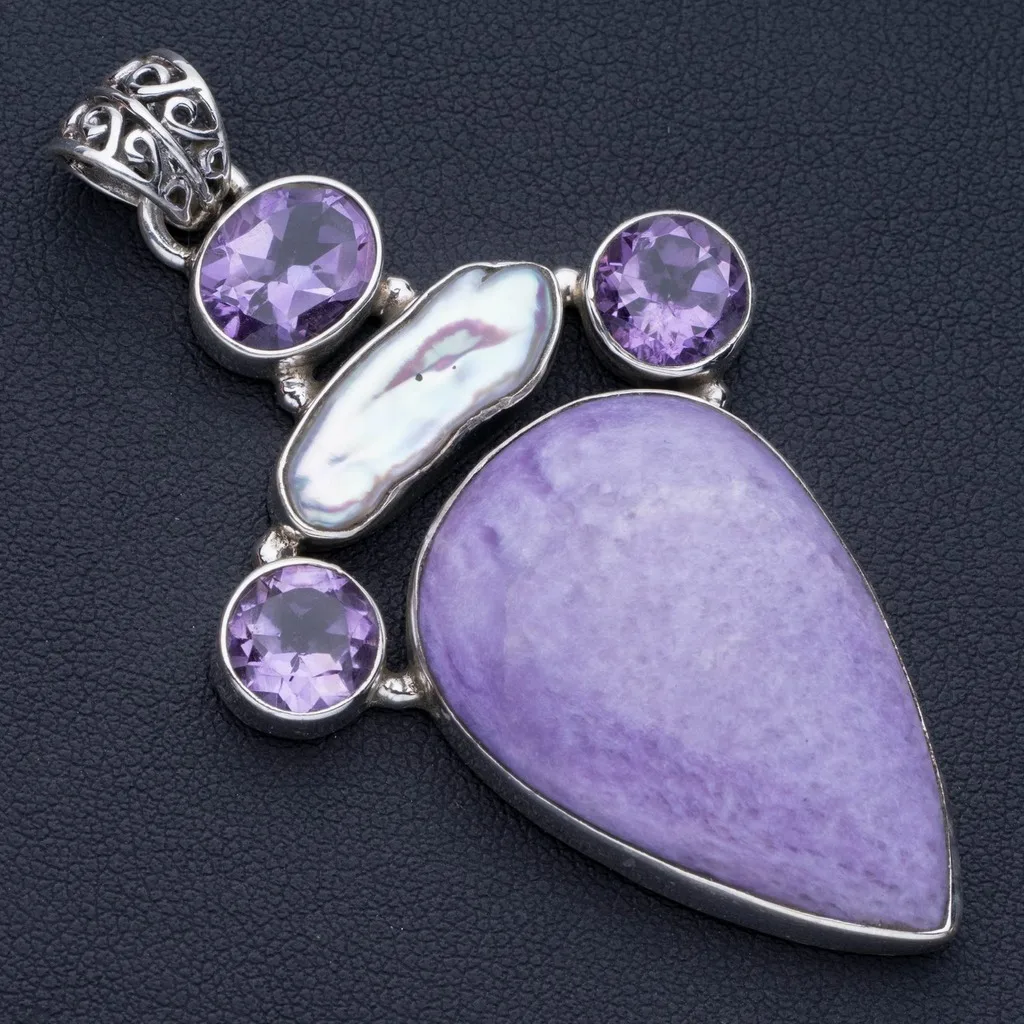 

Natural Charoite,Biwa Pearl and Amethyst Punk Style 925 Sterling Silver Pendant 2 1/2" P0841
