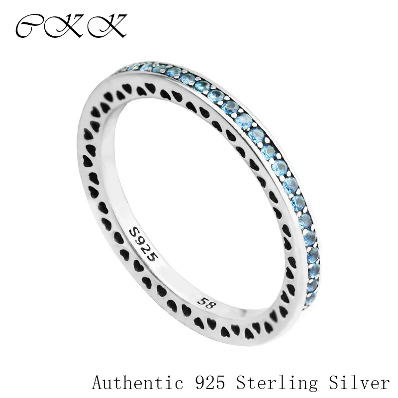 

Authentic 925 Sterling Silver Cut-out Radiant Hearts Rings With Air Blue Enamel & Sky Blue Spinel for Women Jewelry SR100F