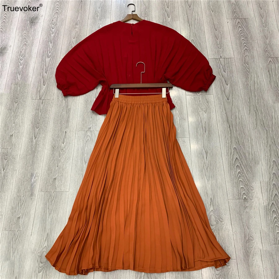

Truevoker Summer Designer Suit Set Women's Red Batwing Sleeve Blouses + Orange Draped Midi Skirt Two Pieces Set